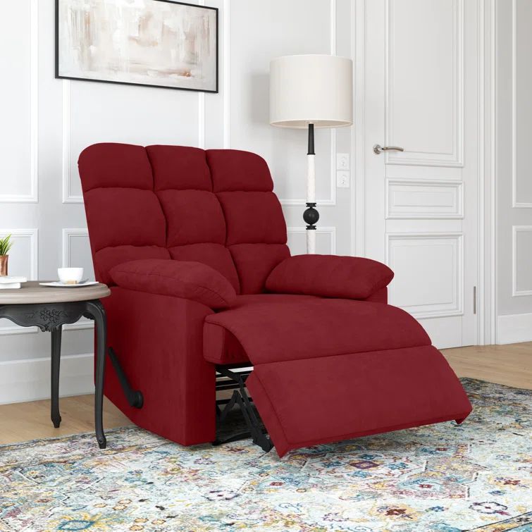 Handcrafted Red Microfiber Recliner with Wood Accents