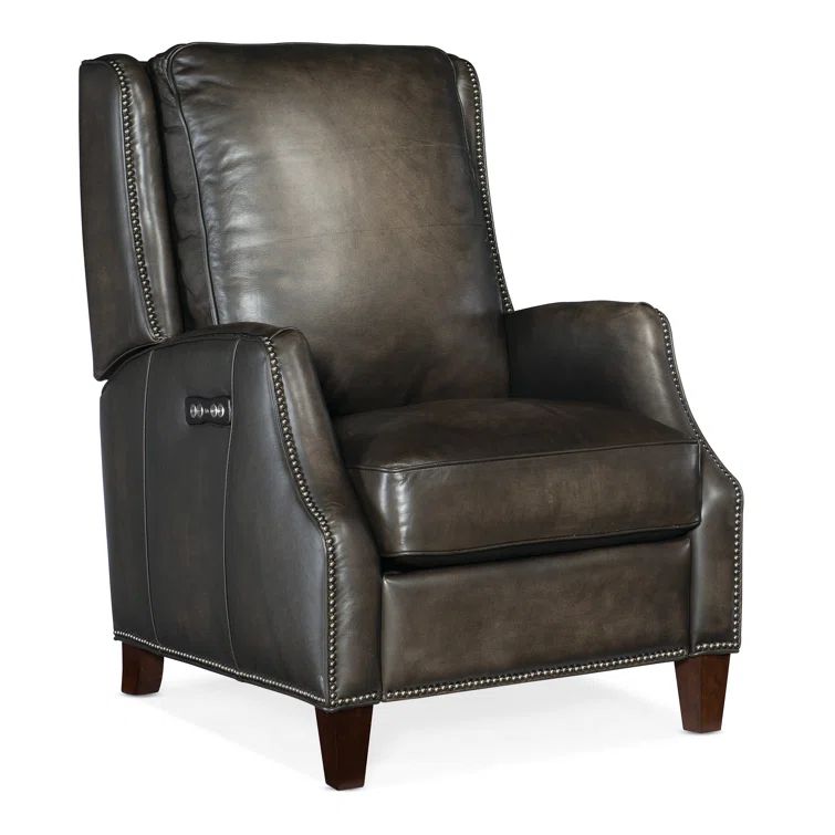 Sarzana Castle Gray Genuine Leather Power Recliner with Dark Wood Finish