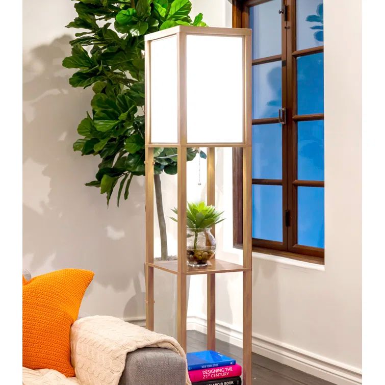 Maxwell Adjustable 63'' Natural Wood Floor Lamp with Shelves
