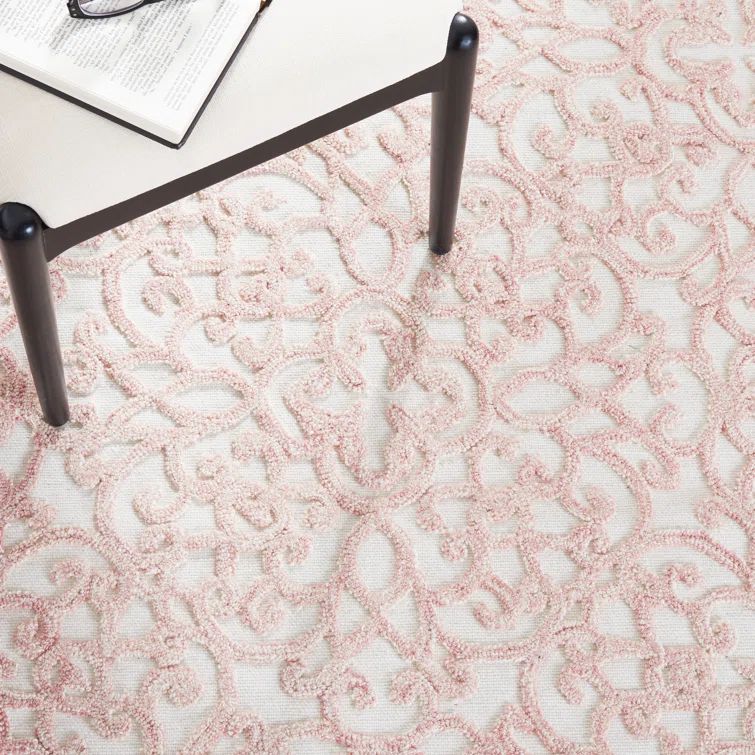 Ivory and Pink Hand-Tufted Wool Rectangular Area Rug, 4' x 6'
