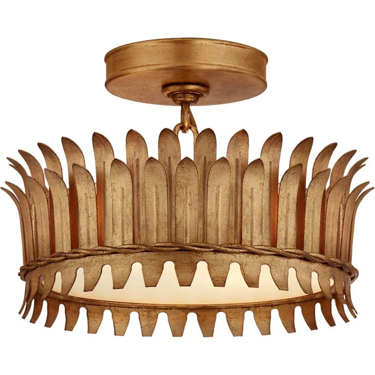 Gilded Iron Leaflet 12-Inch Drum Semi-Flush Mount with Frosted Glass