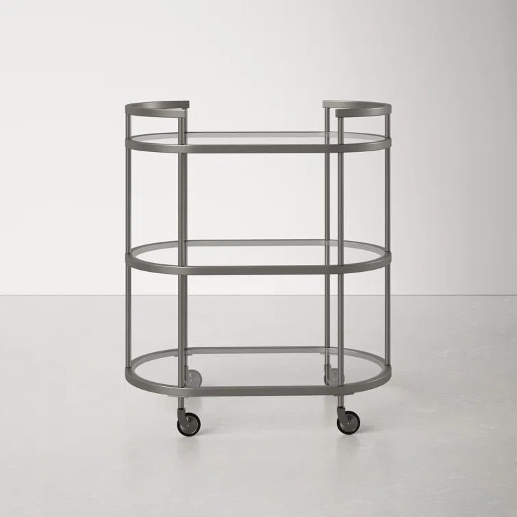 Evelyn&Zoe Satin Nickel Oval Bar Cart with Tempered Glass Shelves