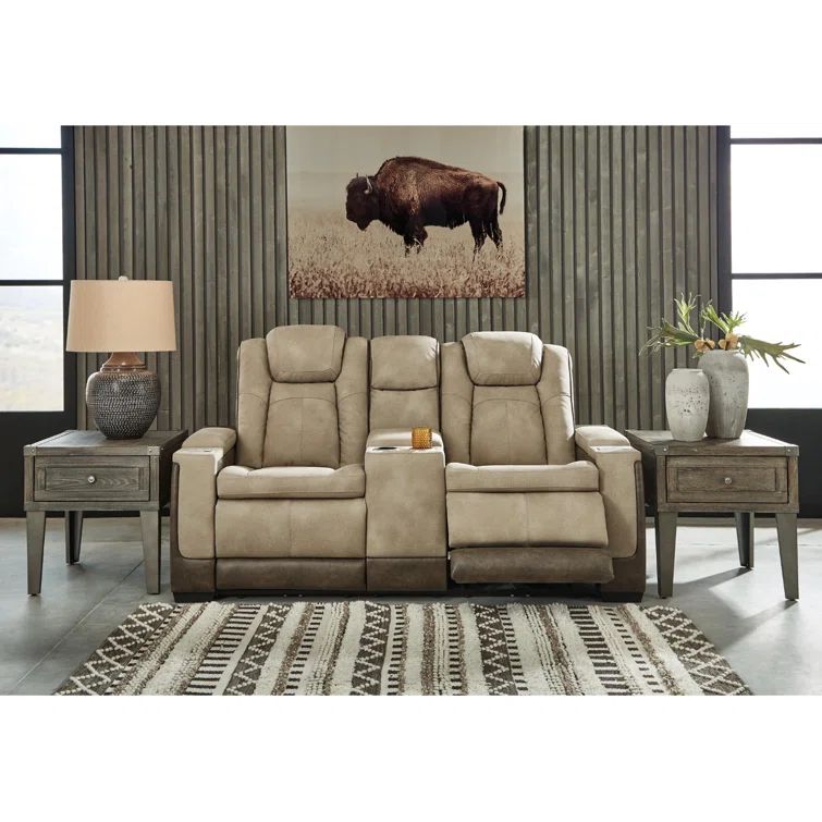 Sand Faux Leather 75" Power Reclining Loveseat with Storage & Cup Holder