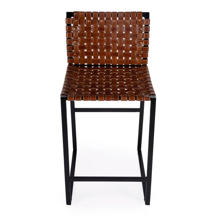 Urban Elegance 25" Woven Brown Leather Counter Stool with Gold Nailheads