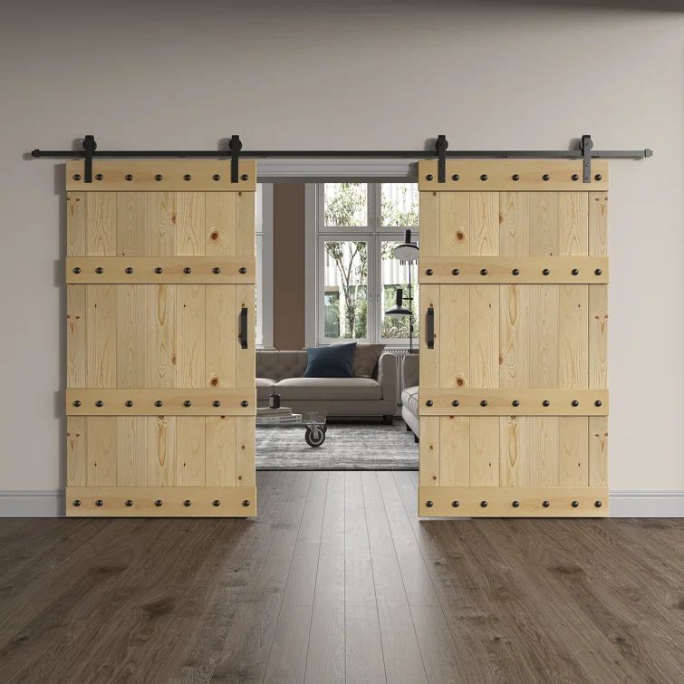 Castle Series Unfinished Pine Wood Double Sliding Barn Door with Hardware Kit