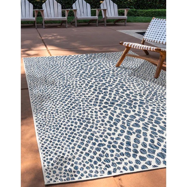 Blue and White Rectangular Synthetic Outdoor Rug