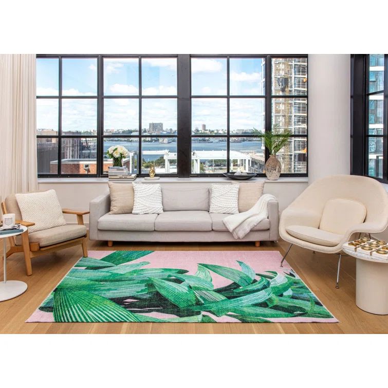 Maisie Pink Palm Floral Synthetic Stain-Resistant Area Rug