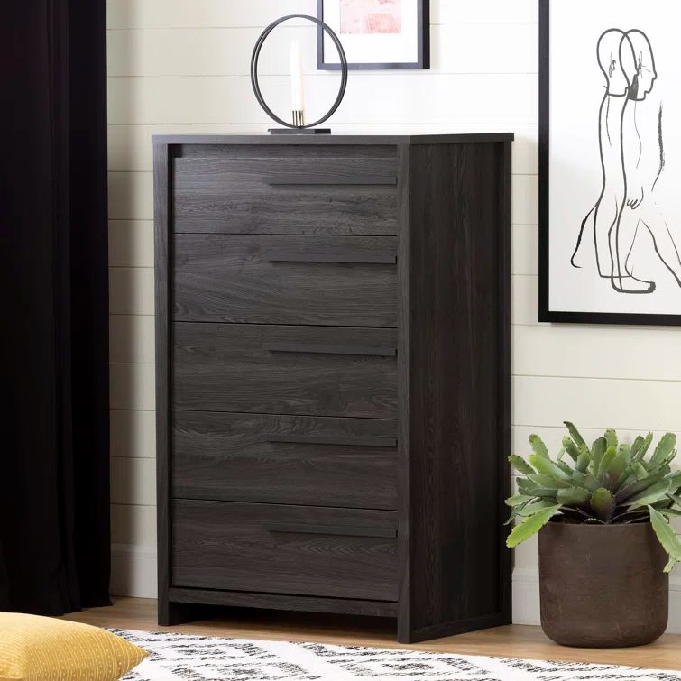 Gray Oak 5-Drawer Vertical Chest with Soft Close Drawer