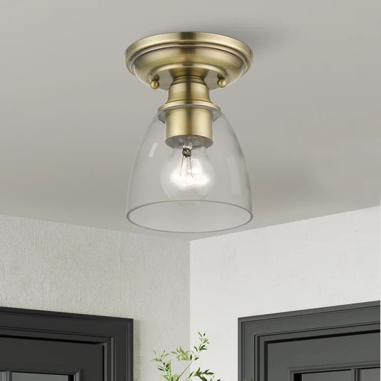 Antique Brass Elegance 1-Light Flush Mount with Hand-Blown Clear Glass