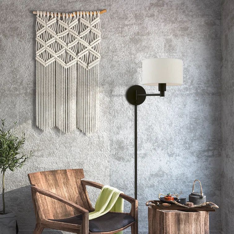 Transitional Black Swing Arm Wall Lamp with Oatmeal Fabric Shade