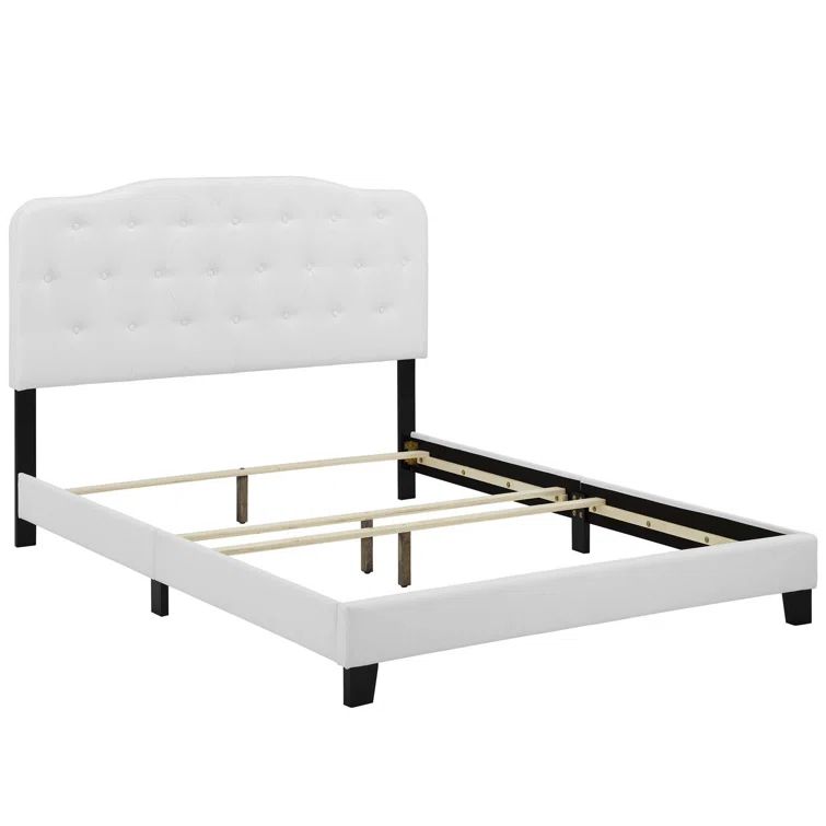 Amelia Classic White Queen Upholstered Platform Bed with Tufted Headboard