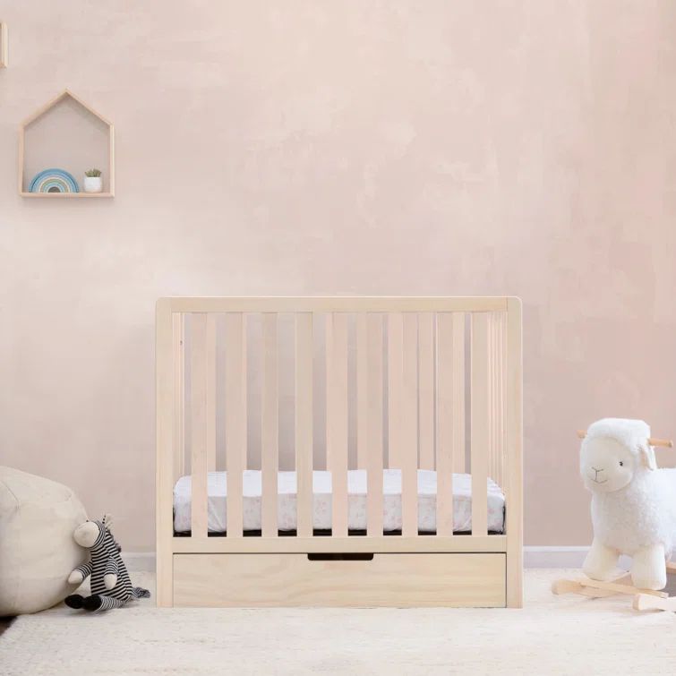 Washed Natural Wood Convertible Mini Crib with Trundle Drawer