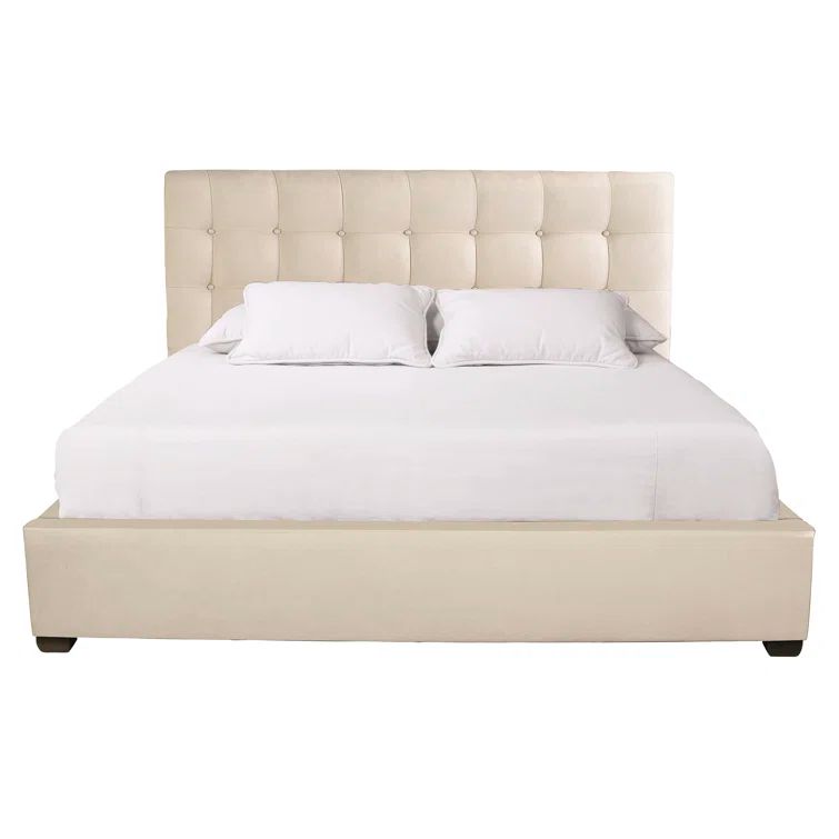 Beige Queen Upholstered Bed with Tufted Headboard and Pine Frame