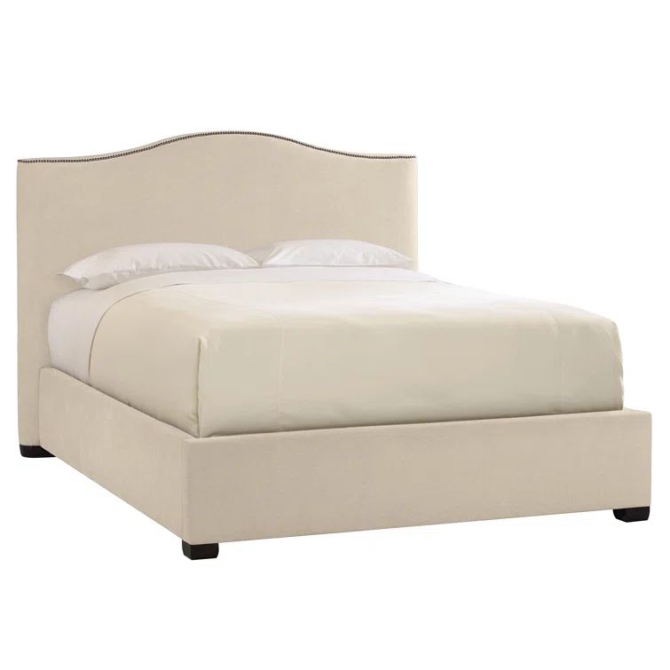 California King Beige Upholstered Wood Frame Bed with Nailhead Trim