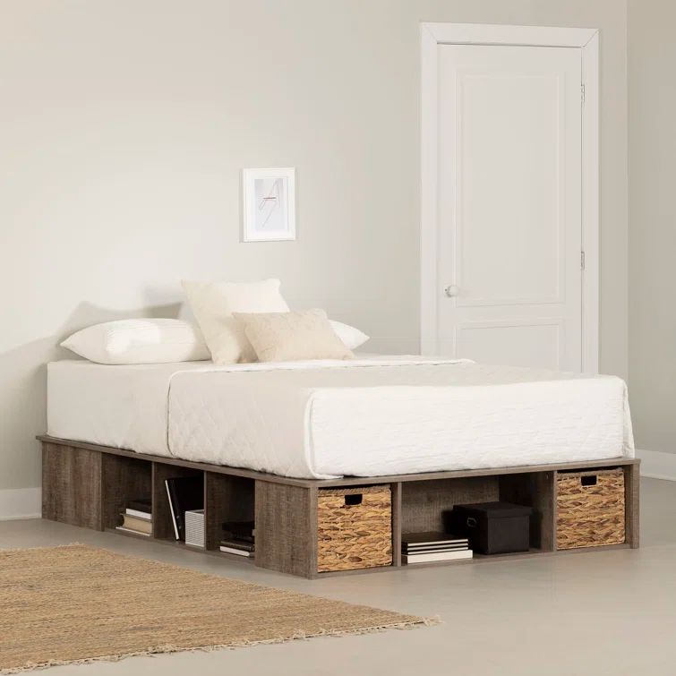 Weathered Oak Queen Storage Bed with Wicker Baskets
