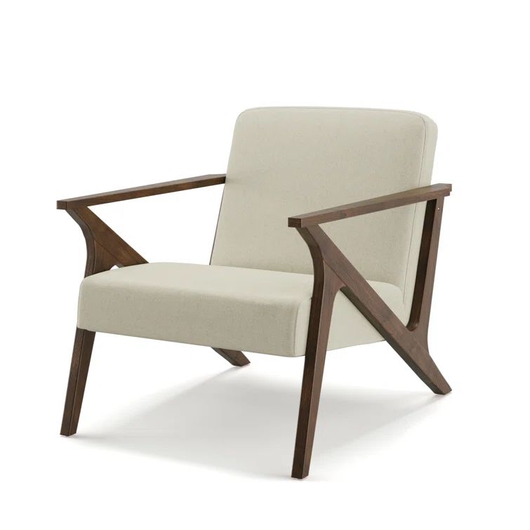 Mid-Century Modern Walnut Wood Frame Beige Upholstered Accent Chair