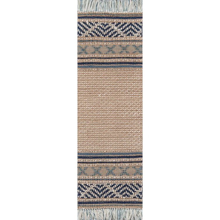 Handwoven Blue and Beige Wool Cotton Geometric Runner Rug
