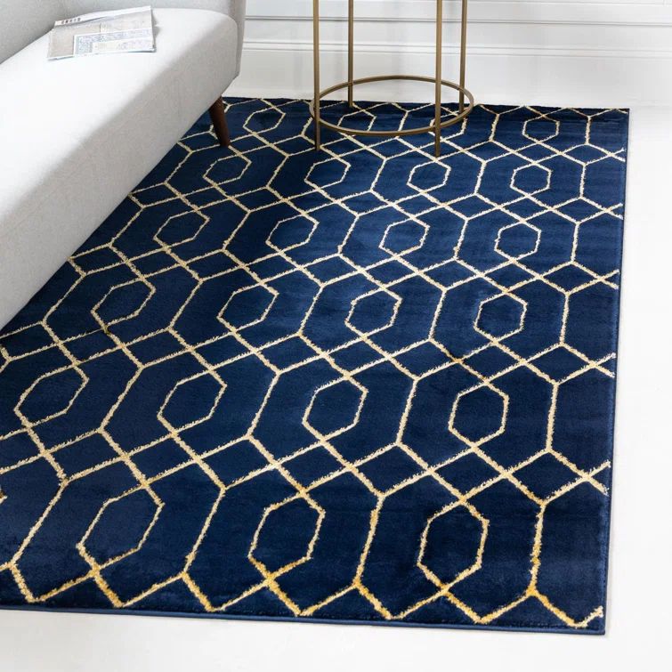 Navy Blue and Gold Trellis Synthetic Rectangular Rug