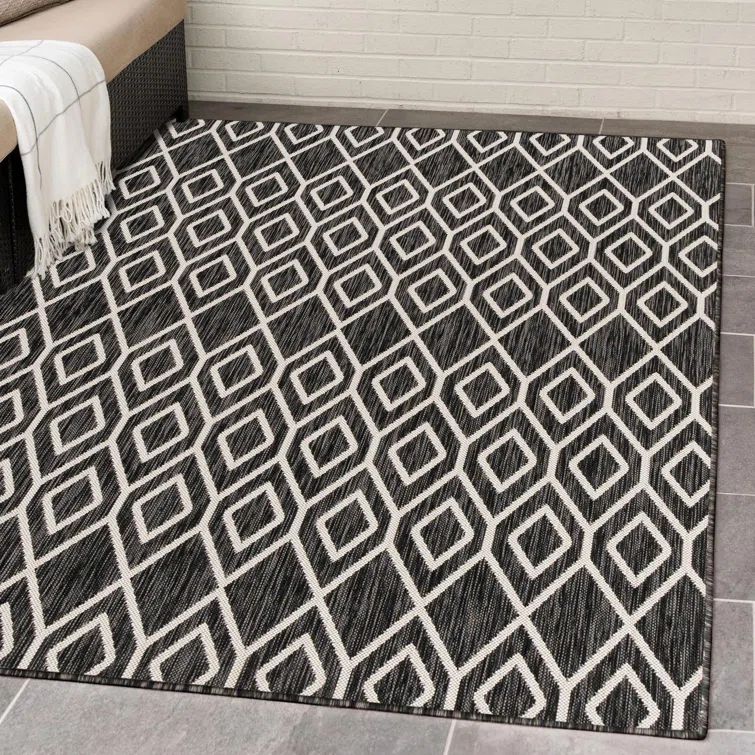 Charcoal Gray Geometric Flat Woven Synthetic Outdoor Rug 8' x 10'