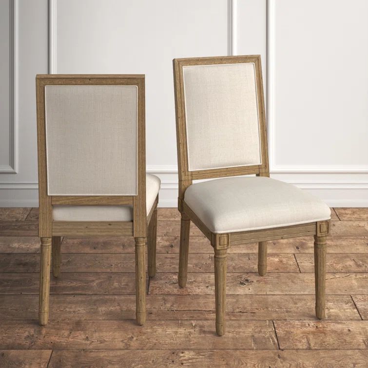 Beige Linen Upholstered Dining Chair with Natural Wood Finish