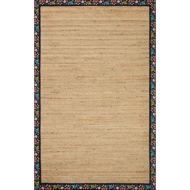 Natural Jute and Black Floral Hand Braided Rug
