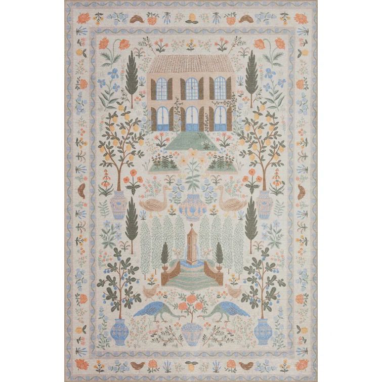 Cream Floral Synthetic Rectangular Area Rug 7'-6" x 9'-6"