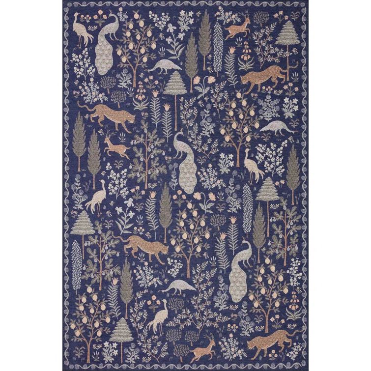 Navy Floral Synthetic Rectangular 5' x 7' Area Rug