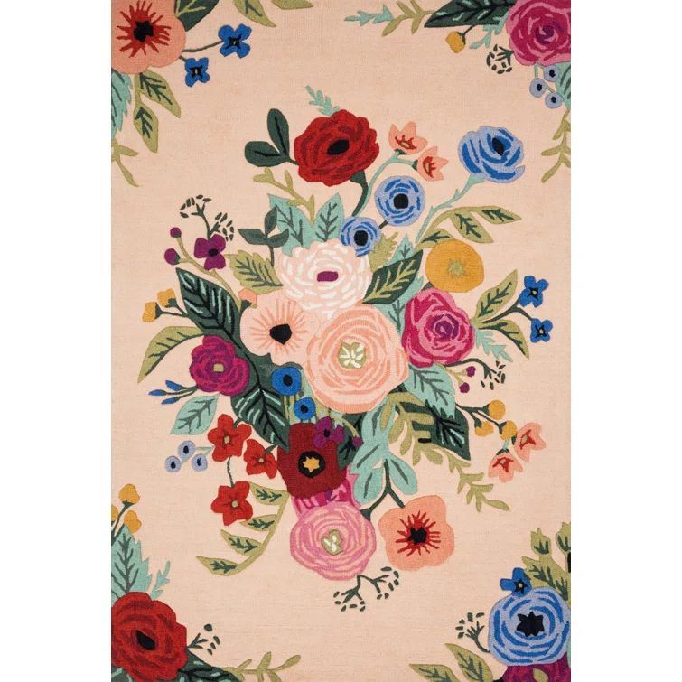 Handmade Blush and Multi Floral Wool Rectangular Area Rug