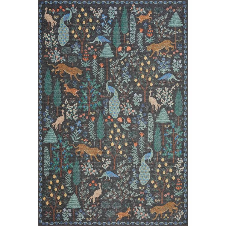Black Floral Synthetic Rectangular Area Rug 7'-6" x 9'-6"