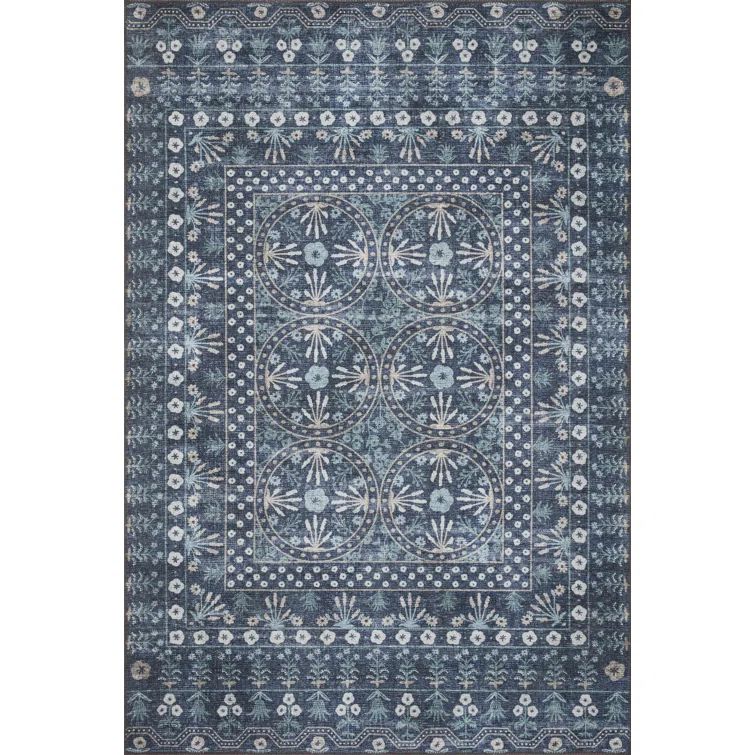 Rosette Blue Flat Woven Wool Synthetic Area Rug