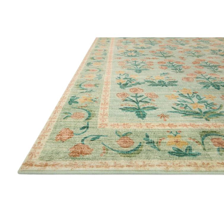 Mughal Rose Moss Vintage-Inspired Floral Wool Blend Area Rug 2' x 5'