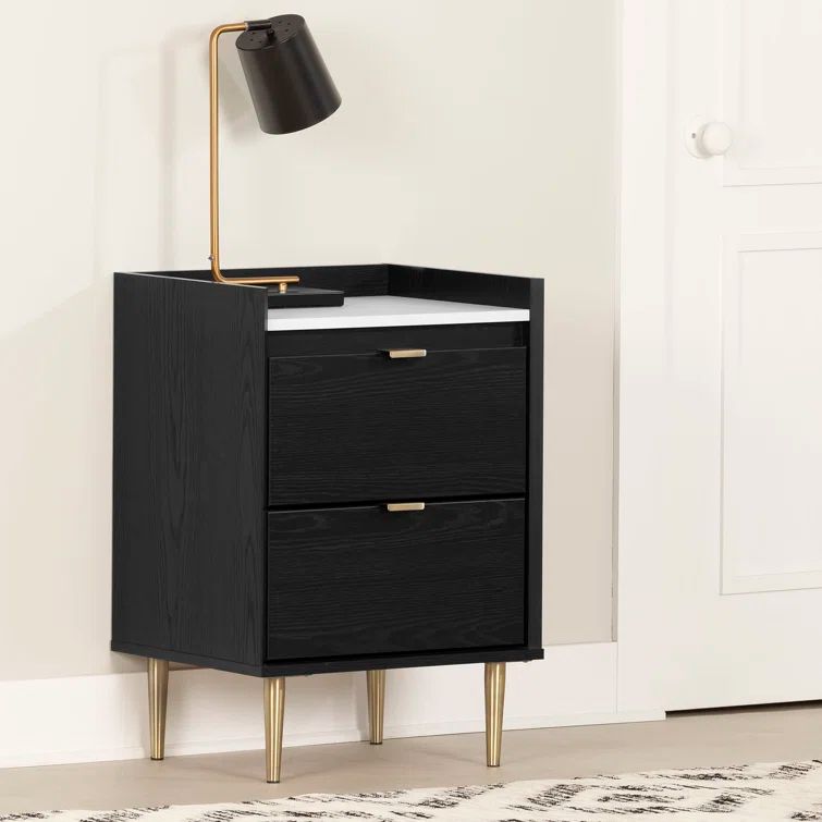 Black Oak and Faux Carrara Marble End Table with Storage