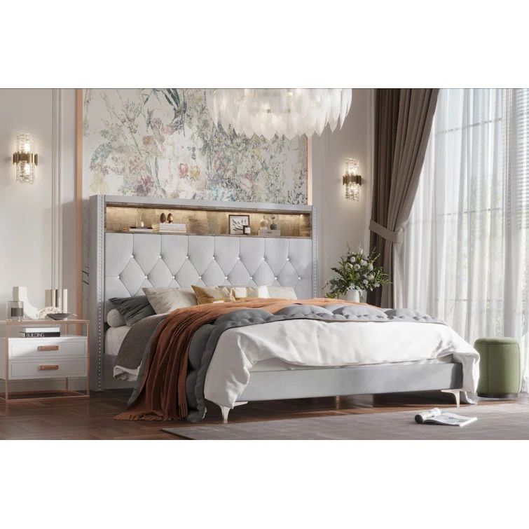 Silver Gray Velvet Full Upholstered Bookcase Bed with Nailhead Trim