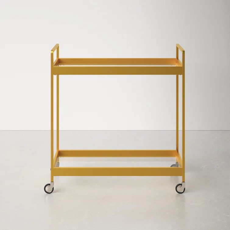 Glamourous Brass Finish Rectangular Bar Cart with Glass Shelves