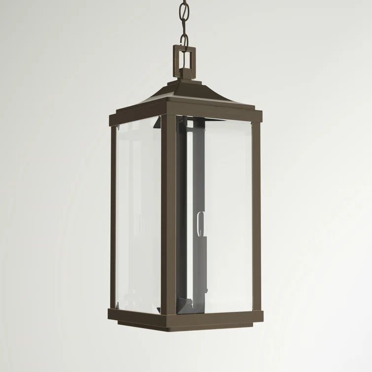 Devereux Antique Bronze 3-Light Outdoor Hanging Lantern with Etched White Pillar Shade