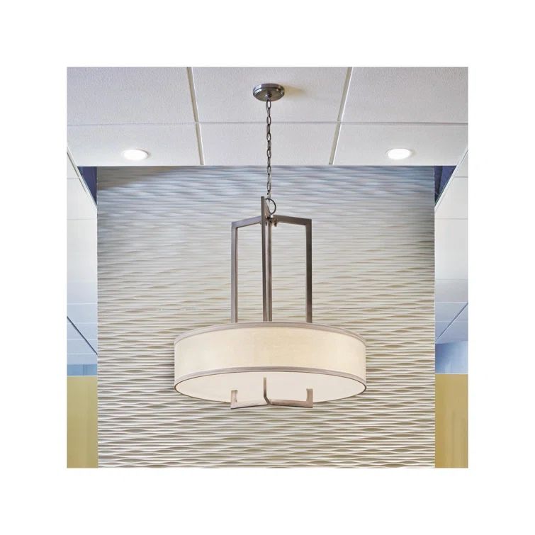 Antique Nickel 3-Light Drum Pendant with Off-White Linen Shade