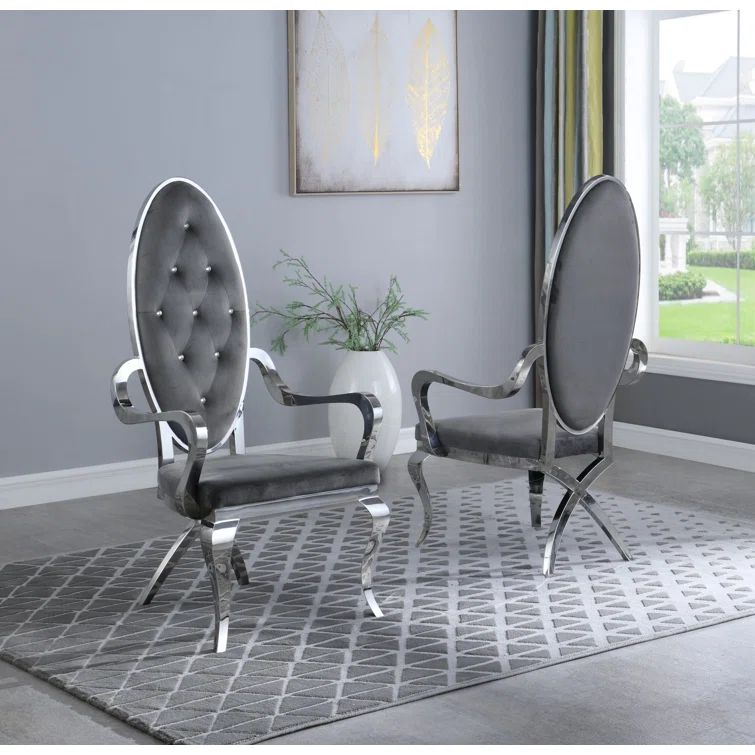 Elegant Dark Gray Velvet Tufted Armchair with Silver Stainless Steel Legs