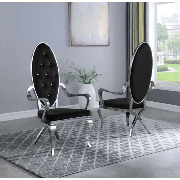 Elegant Black Velvet Accent Chair with Silver Metal Frame (Set of 2)