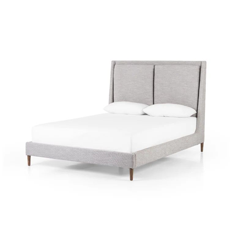 Gray Upholstered Queen Bed with Tapered Headboard and Wood Legs