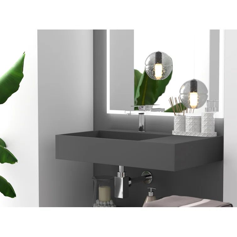 Gray Stone Wall-Mounted Rectangular Vessel Sink