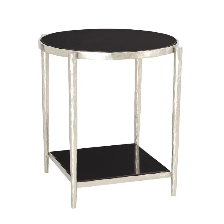 Round Black Granite and Metal Side Table with Shelf