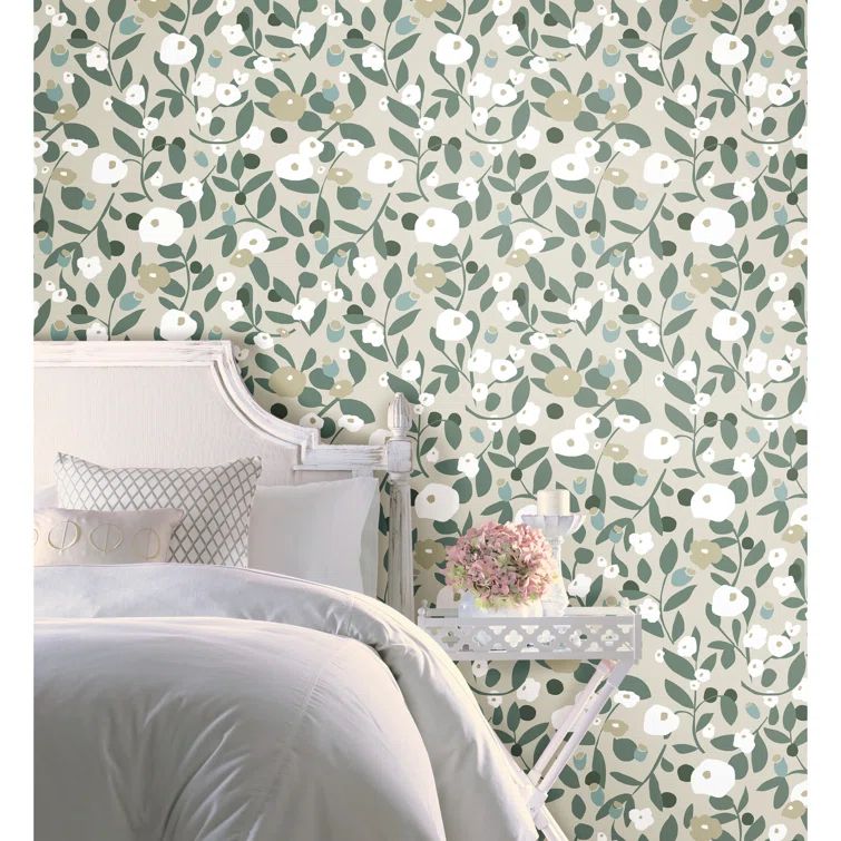 Kensington Garden Beige and Green Floral Peel and Stick Wallpaper