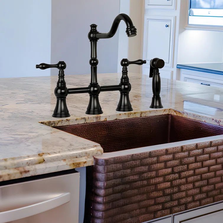 Matte Black Brass Bridge Kitchen Faucet with Pull-out Spray