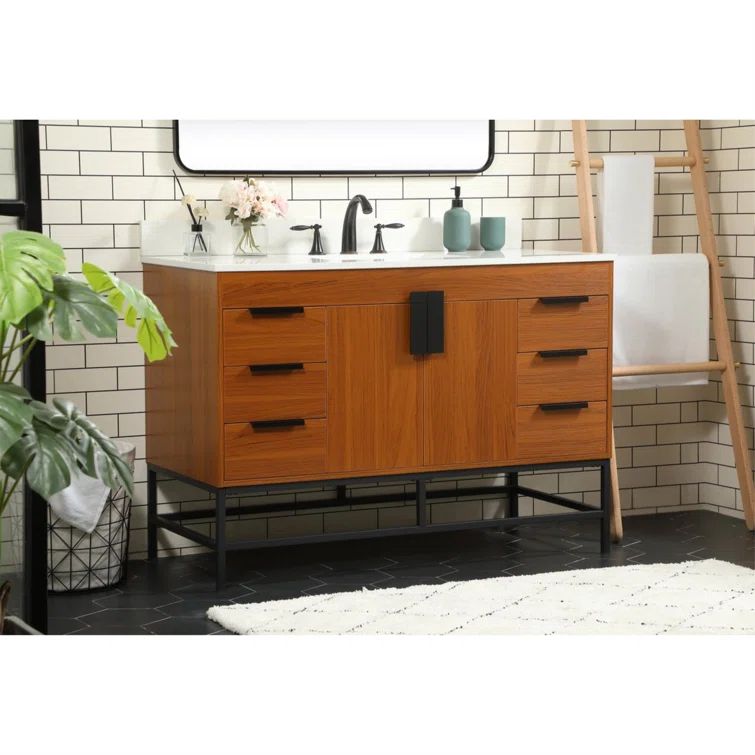 Teak and Ivory White 48" Single Bathroom Vanity with Quartz Top