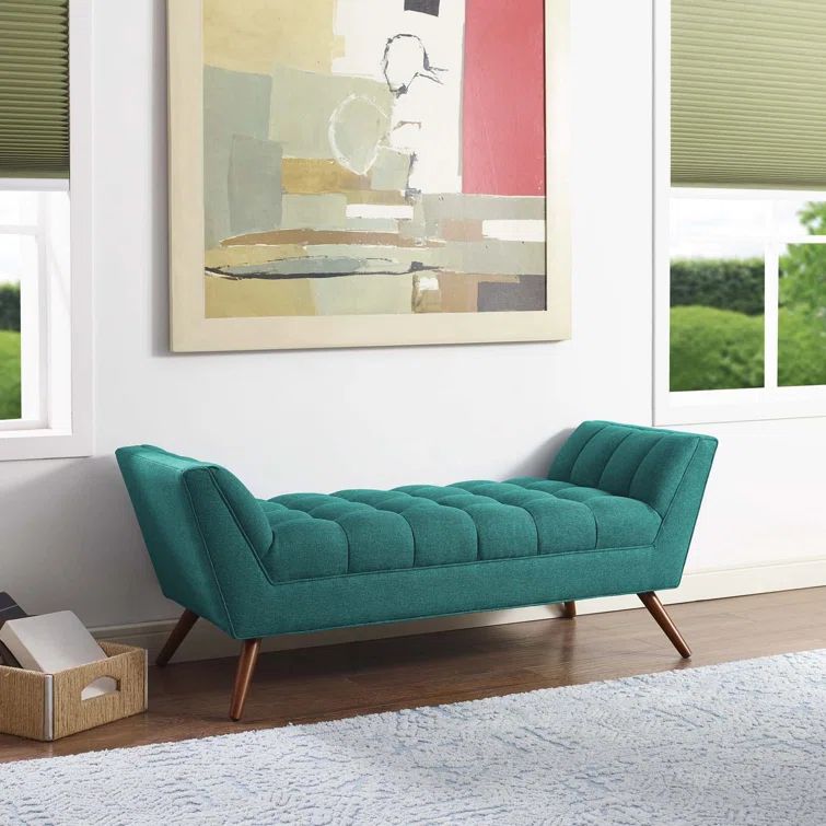 Modway Teal Mid-Century 53" Fabric Bench with Tapered Wood Legs