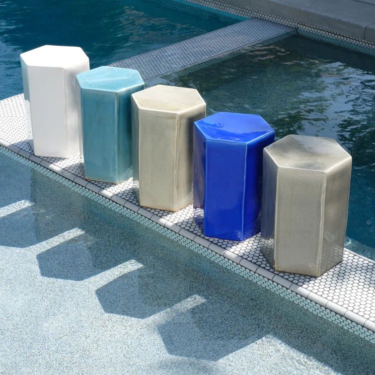 Teal Ombre Hexagon Ceramic Side Table for Coastal Living