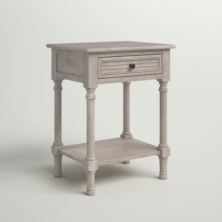 Greige Turned-Leg 22" Wood & Stone Accent Table with Drawer