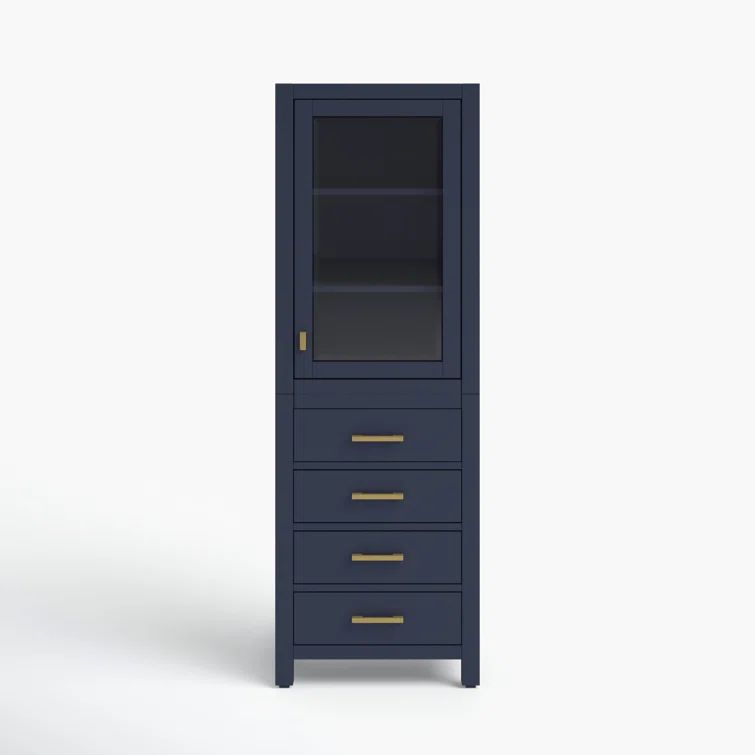 Navy Blue Poplar Wood Freestanding Bathroom Linen Cabinet with Adjustable Shelving
