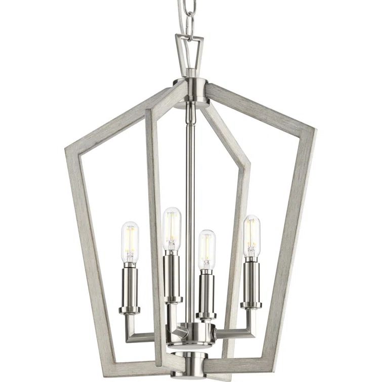 Brushed Nickel 4-Light Candelabra Chandelier with Oak Finish