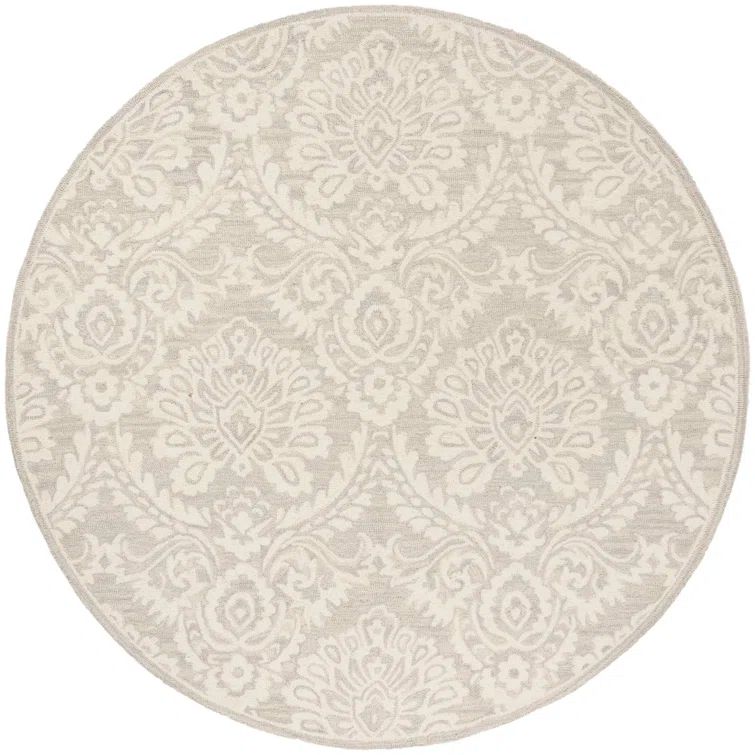 Handmade Floral Elegance Silver/Ivory Wool Round Rug